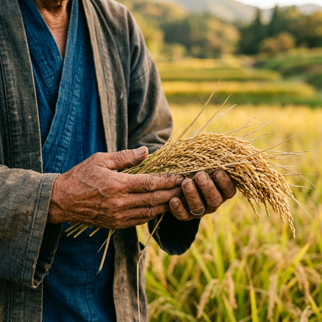 稲穂を持つ農家の手